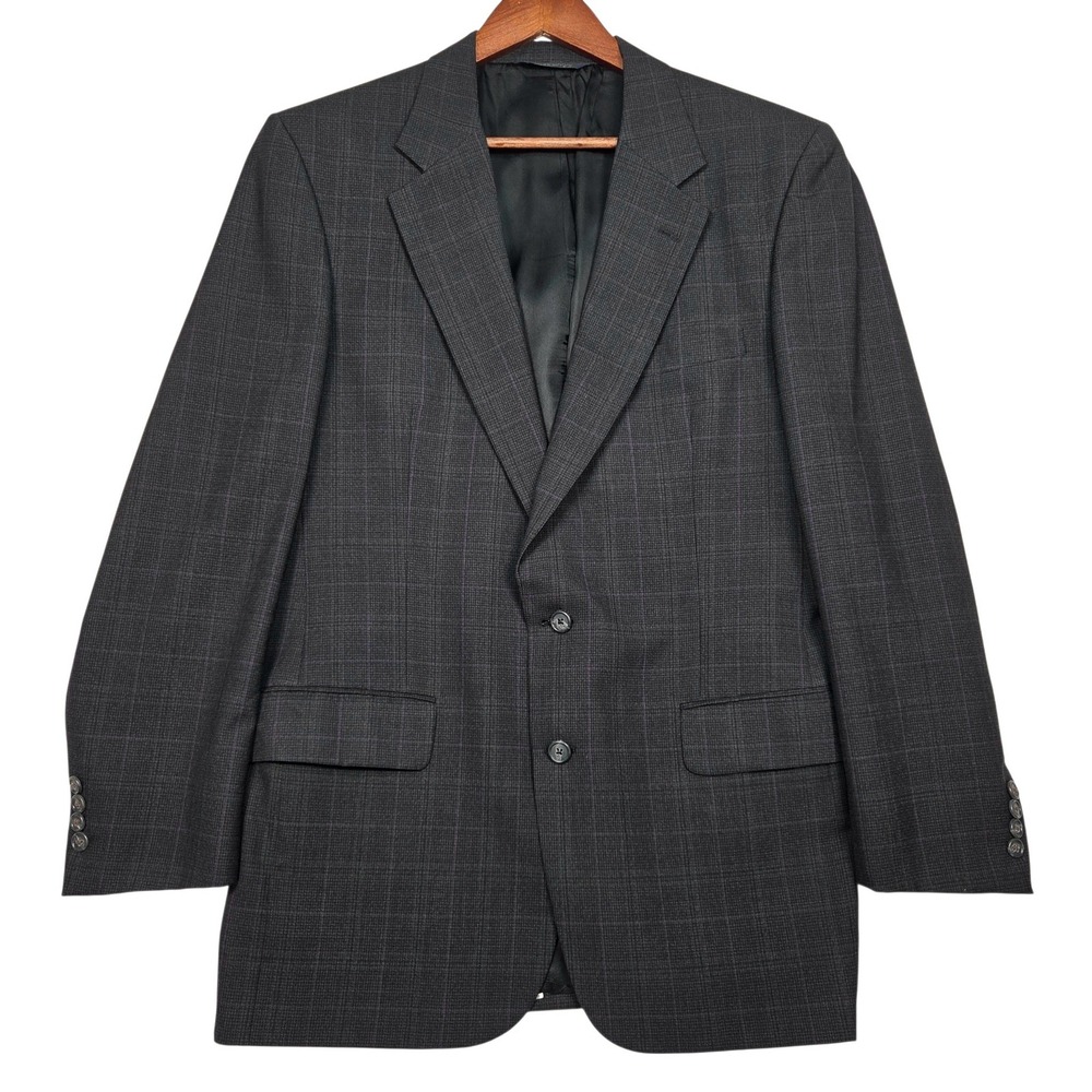 Vtg Burberry Windowpane Blazer Men Dark Grey Purple Pure Wool Sport Coat Vintage